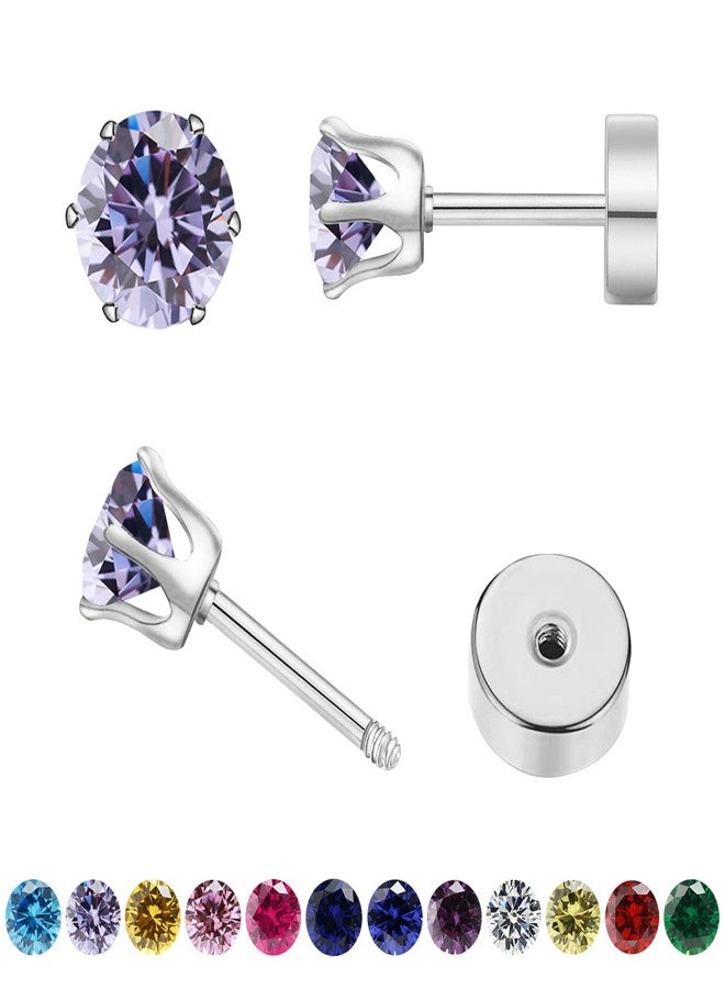 FSSODWT Hypoallergenic Birthstone Stud Earrings for Women Brilliant Cut Round Cubic Zirconia Flat Back Earrings Surgical Steel Cartilage Earrings for Sensitive Ears (Silver, June Violet) - Image 1